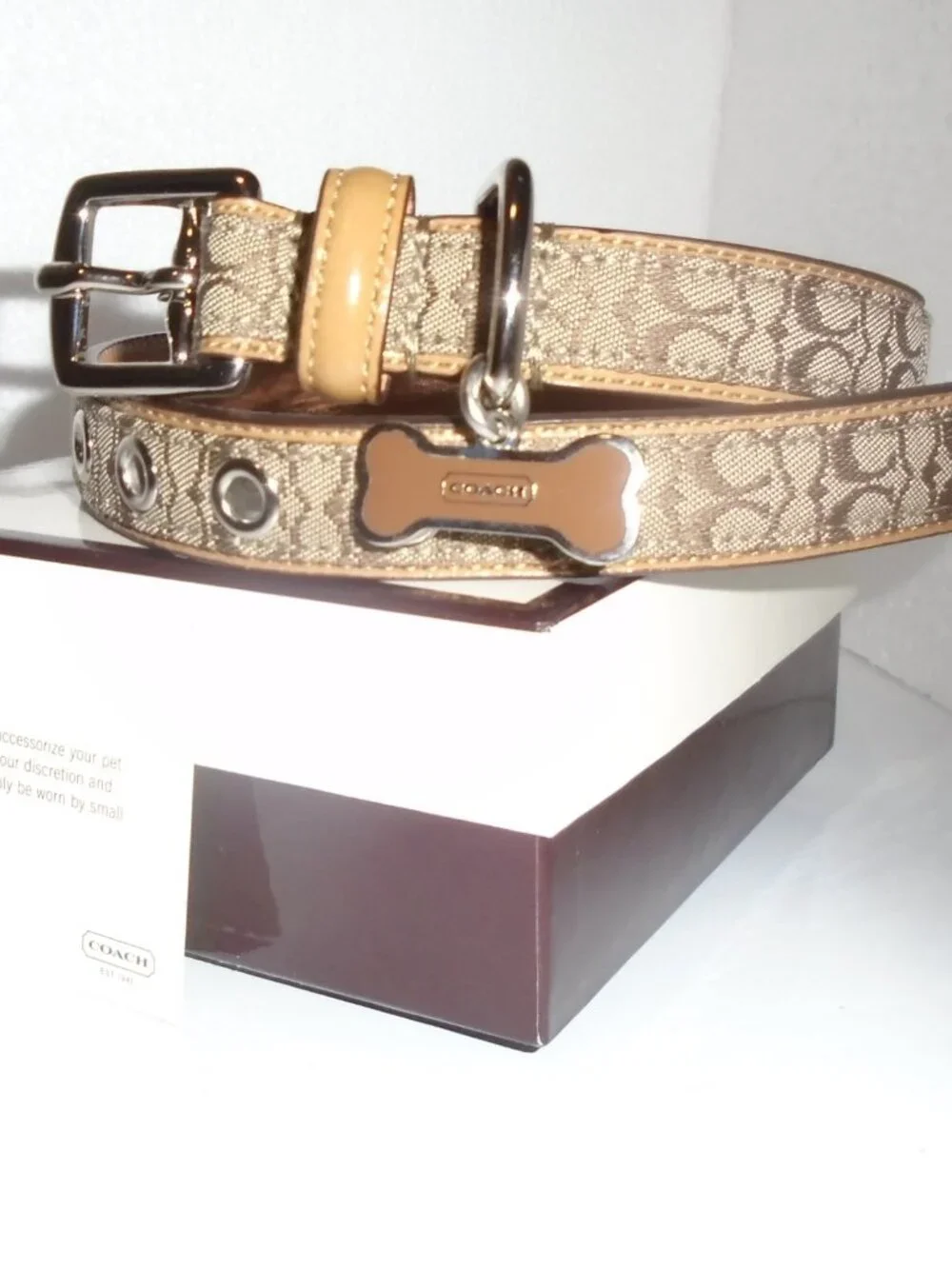 NEW VINTAGE COACH TAN BROWN JACQUARD SIGNATURE C LEATHER DOG COLLAR 60364 SIZE M